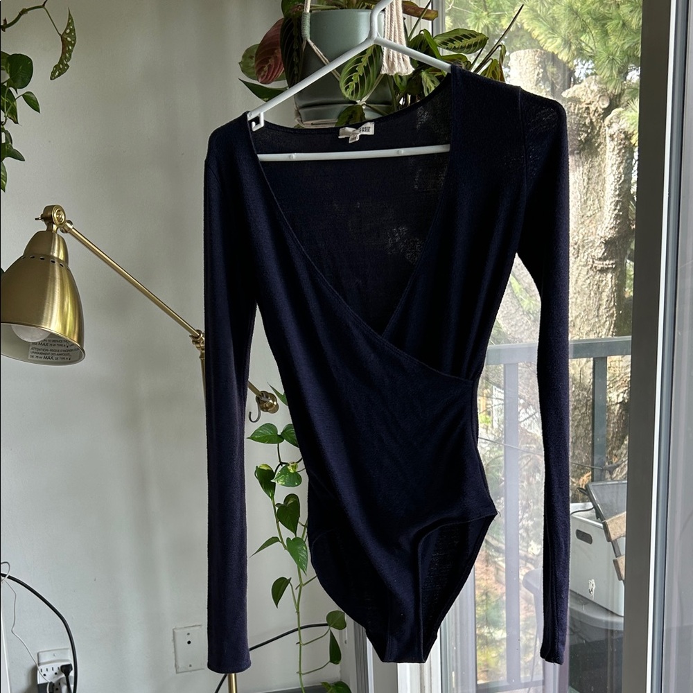 Wilfred Long Sleeve Wrap Bodysuit in navy